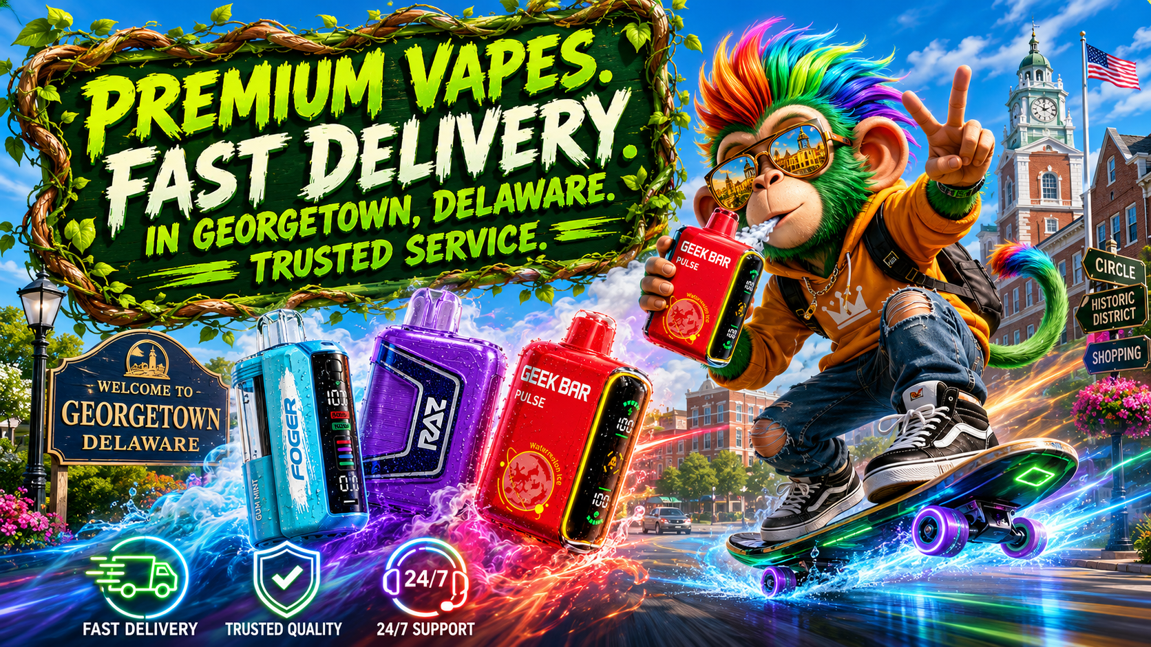 Colorful promotional artwork featuring premium disposable vapes flying through the streets of Georgetown, Delaware with vibrant smoke and energy trails. A futuristic monkey character rides a glowing skateboard while holding a Geek Bar Pulse device, with the Georgetown welcome sign, historic courthouse, and downtown landmarks in the background. The banner highlights premium vape delivery, trusted service, fast shipping, and a wide selection of disposable vapes available through an online vape shop serving Georgetown, DE.