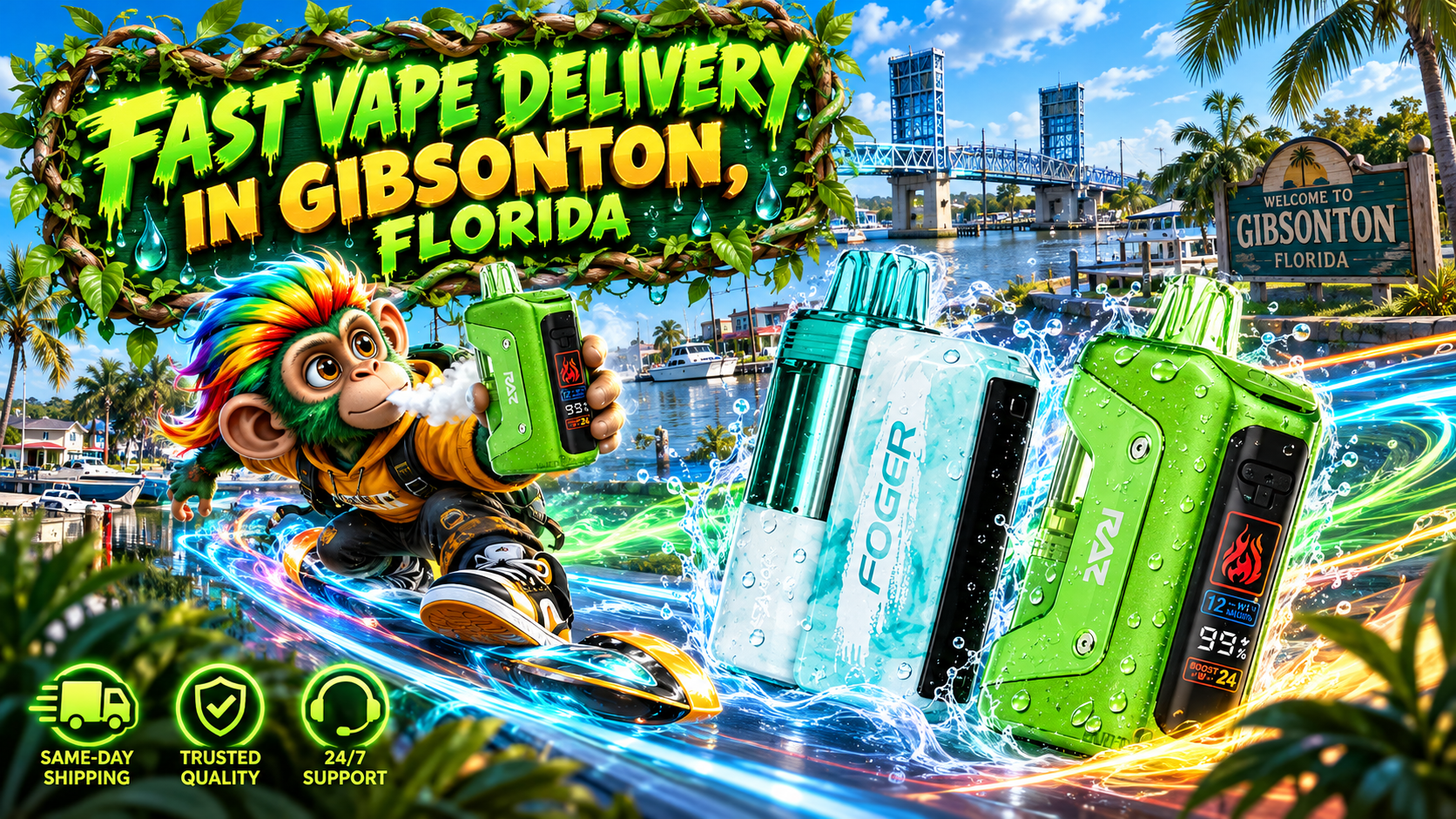 Water-splashed colorful devices race through a sunny Gibsonton waterfront scene with bright energy trails.