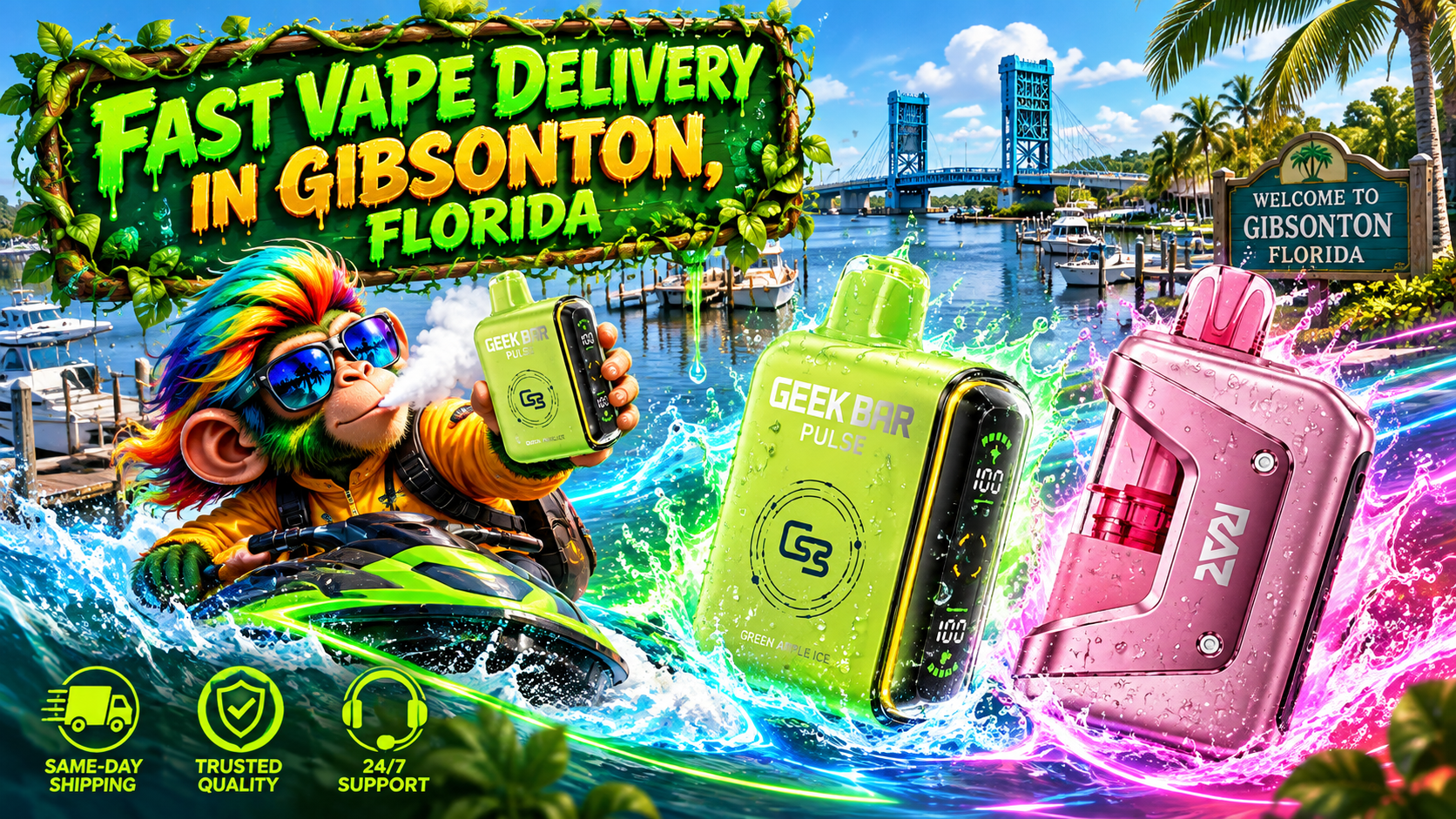 Bright devices with water splashes and a playful character racing through a sunny Gibsonton waterfront.