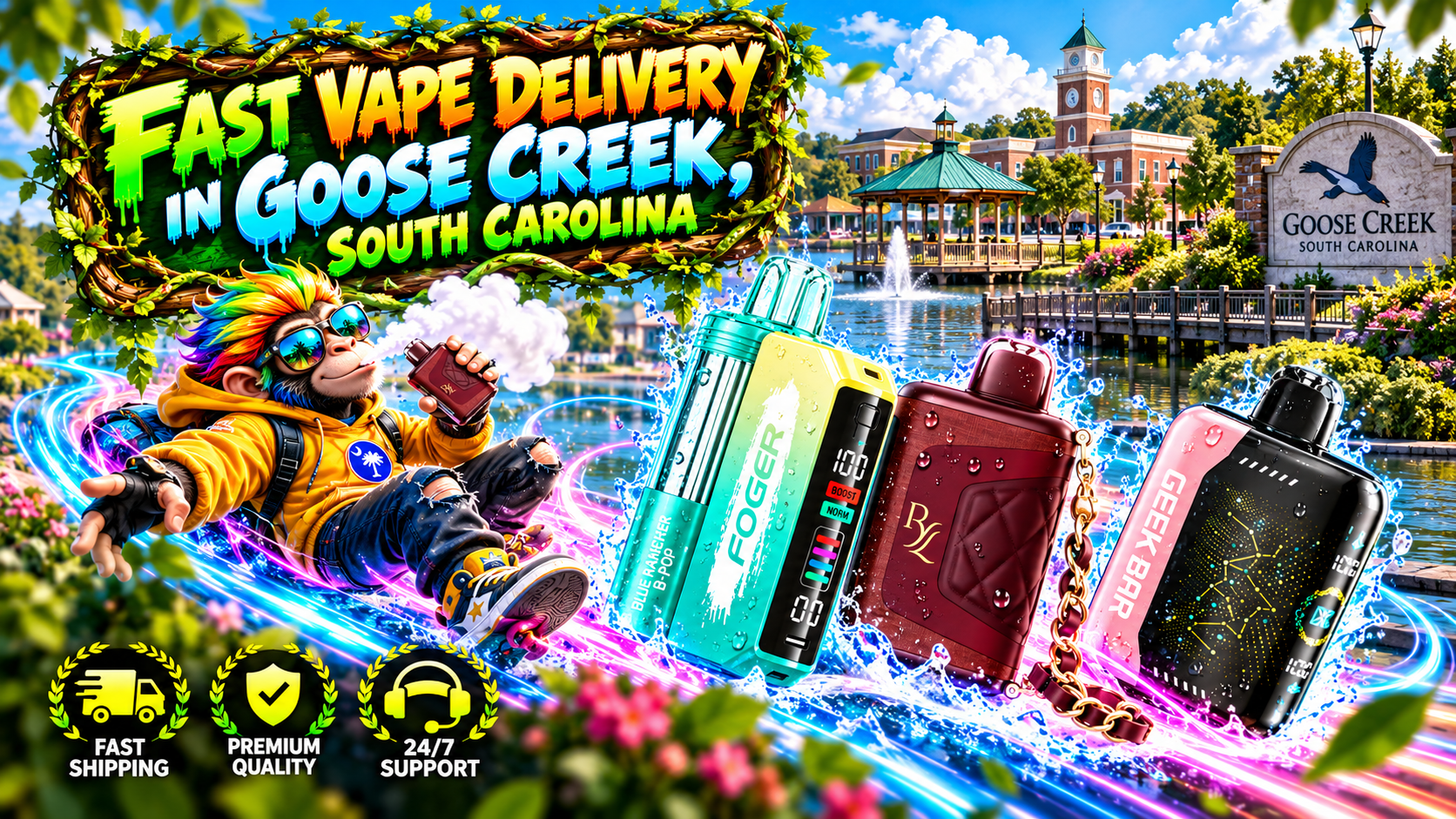 Fast Vape Delivery in Goose Creek, South Carolina With Colorful Devices Colorful vape devices with water droplets, neon trails, and a bright waterfront scene in Goose Creek, South Carolina.