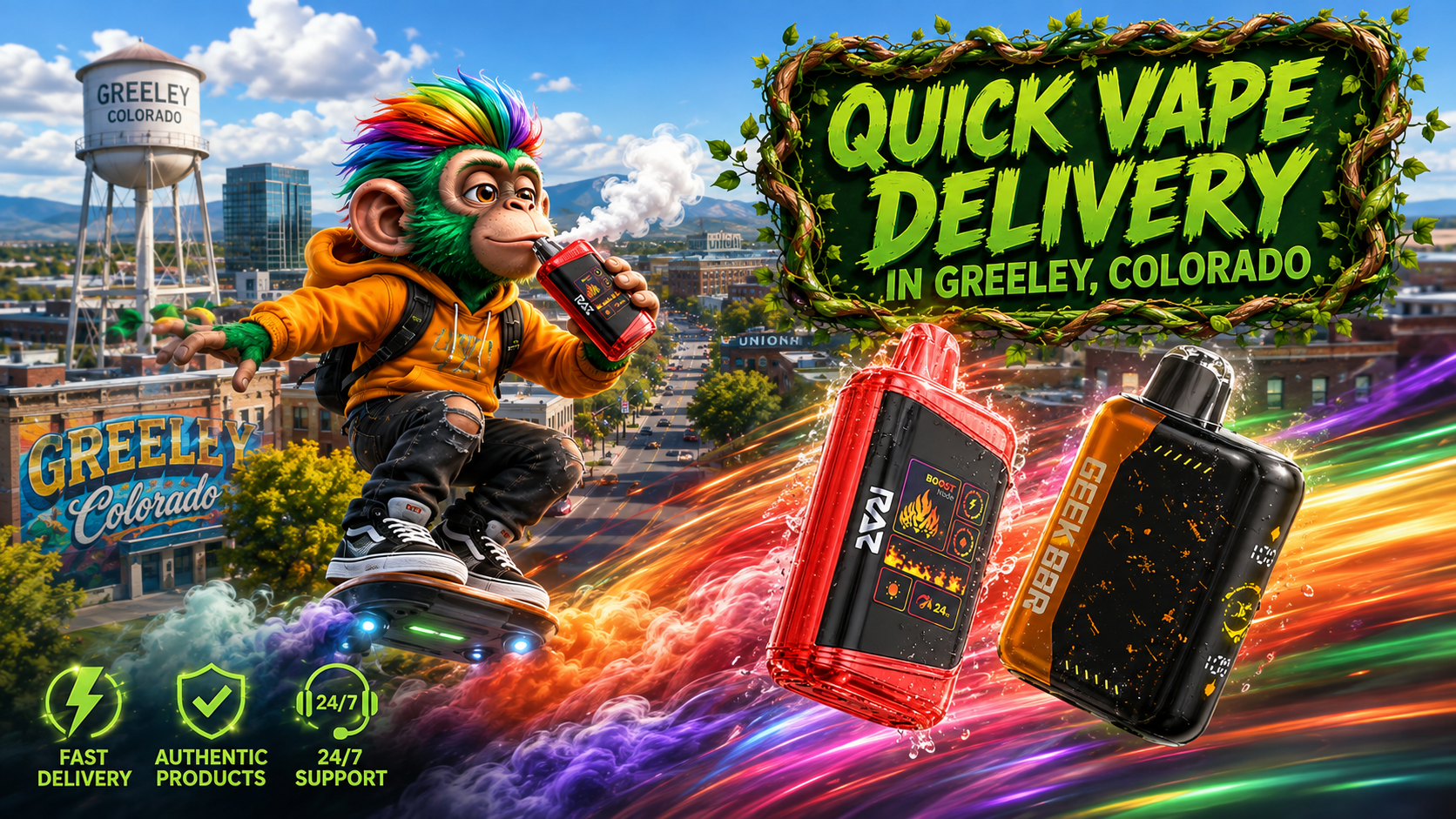 Dynamic Vape Devices Racing Through a Bright Greeley, Colorado Scene Red and black vape devices with glowing speed trails above a colorful daytime Greeley cityscape.