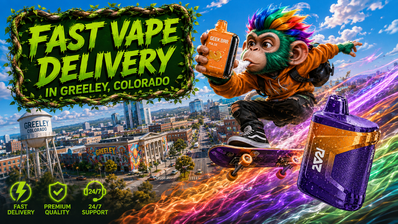 Bold Vape Devices Above the Colorful Greeley, Colorado Cityscape Orange and purple vape devices with water droplets and vivid energy streams soaring above downtown Greeley.
