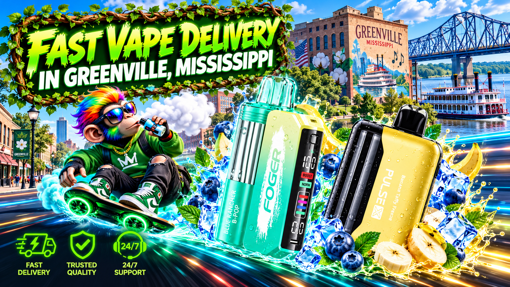 Aqua and gold devices with ice, berries, and banana accents glow beside a lively Greenville, Mississippi riverfront.
