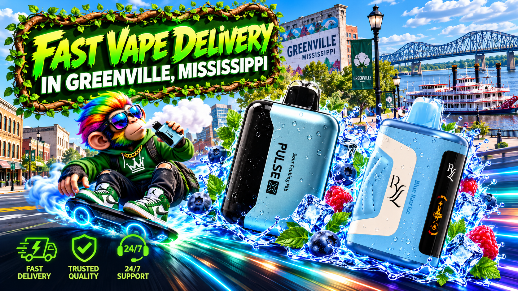 Cool blue devices surrounded by ice, berries, and water effects against a sunny Greenville, Mississippi riverfront.