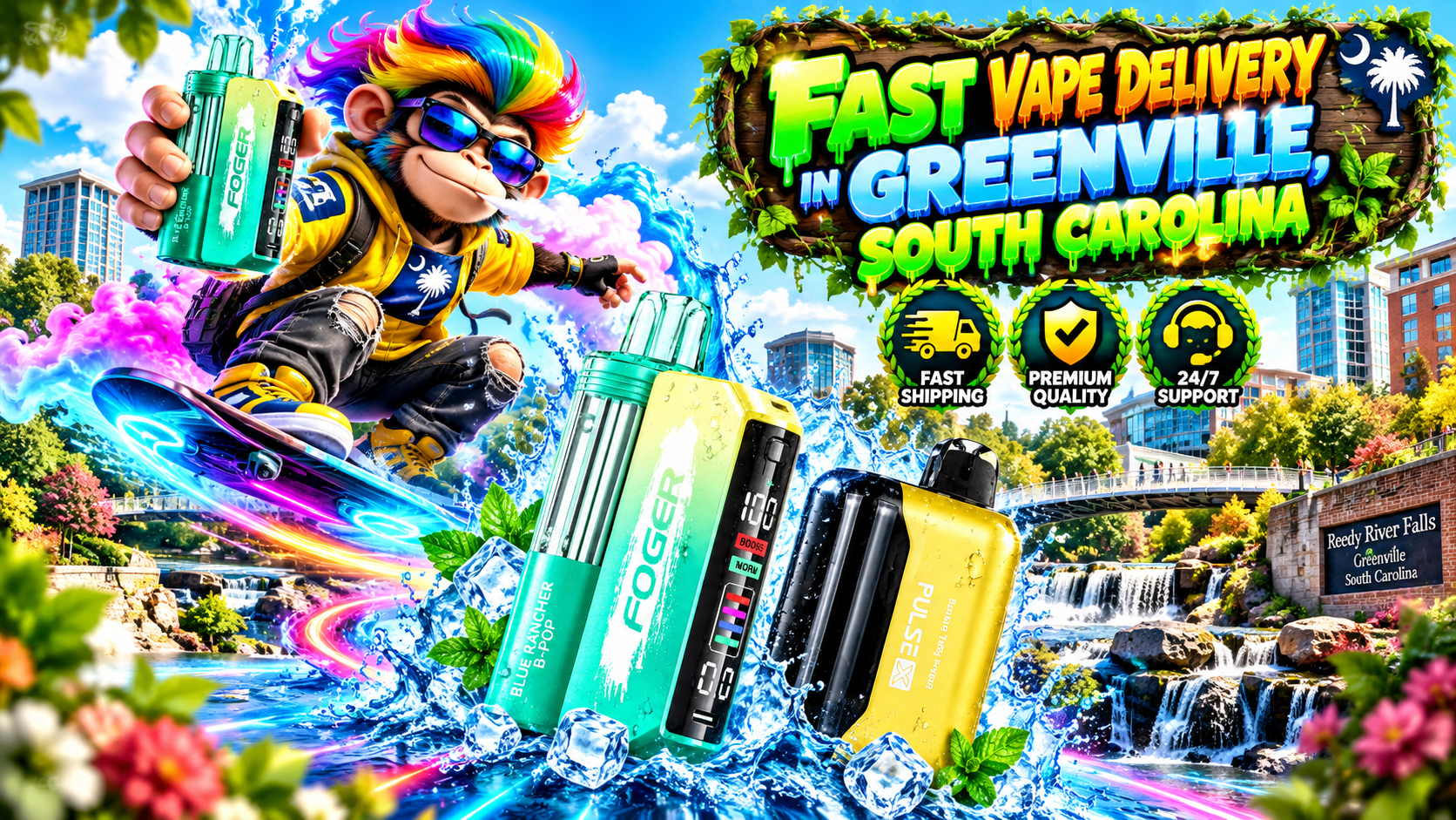 Colorful vape devices with water droplets, ice effects, neon trails, and a scenic Greenville waterfront.