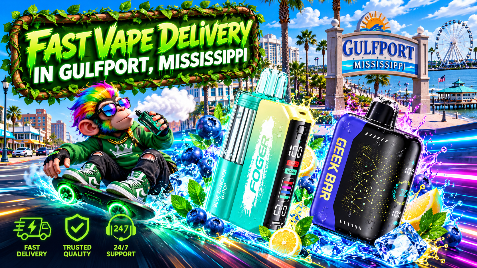 Vibrant Device Display Along the Gulfport, Mississippi Coast Colorful devices with water splashes, ice and fruit accents along a bright Gulfport, Mississippi waterfront.