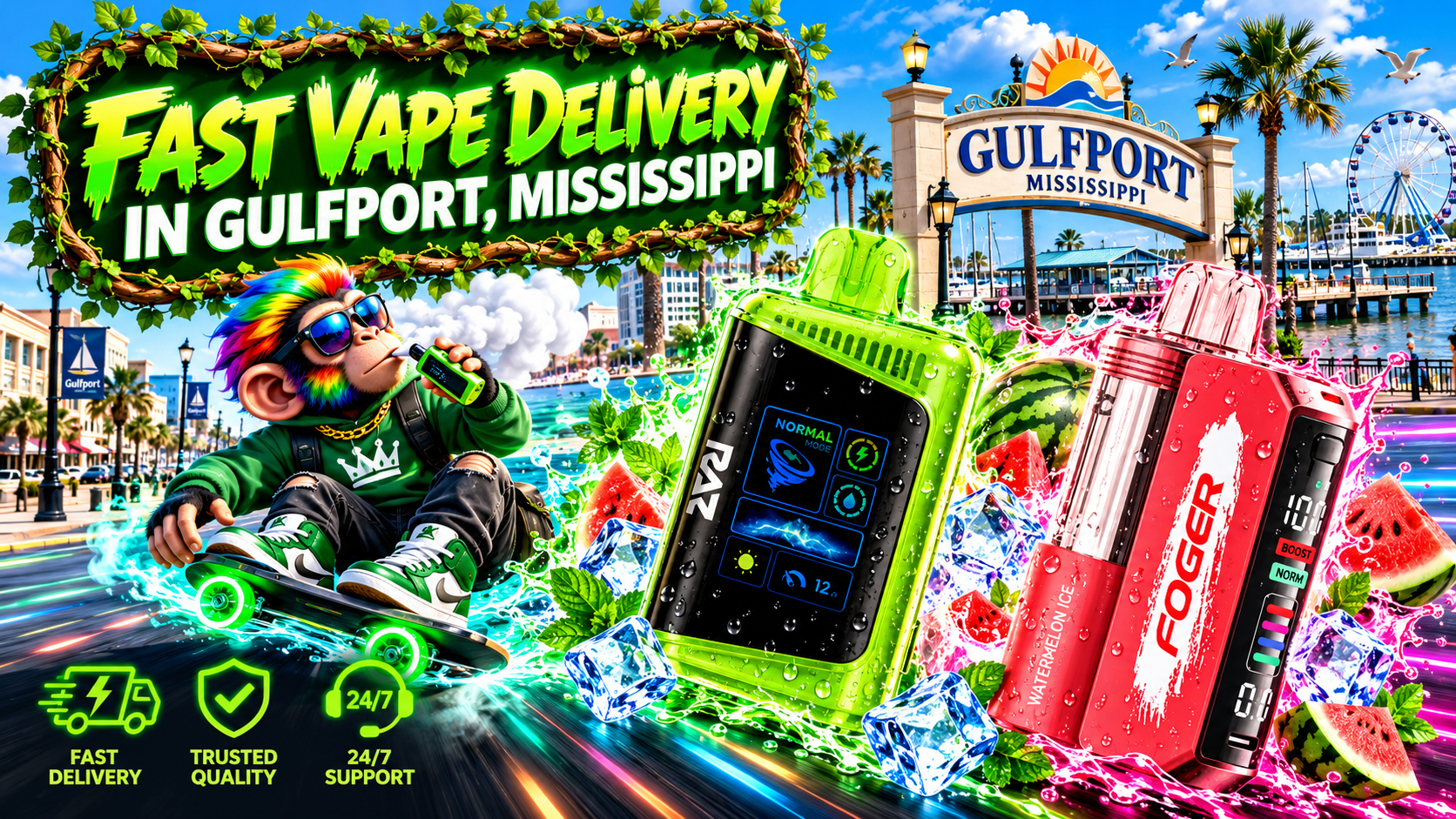 Colorful Device Showcase by the Gulfport, Mississippi Waterfront Bright devices with water droplets, ice and watermelon accents against a sunny Gulfport waterfront scene.
