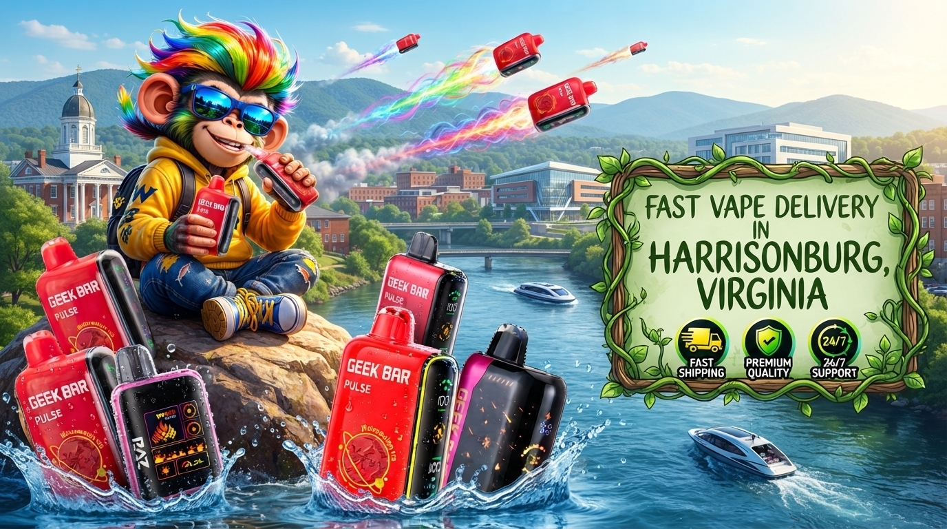 Colorful vape devices with fast delivery imagery over a scenic Harrisonburg, Virginia landscape.