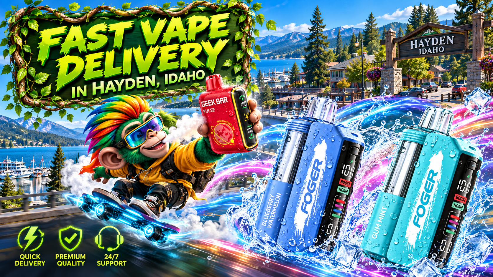 Fast Device Delivery in Hayden, Idaho with Water Effects Colorful delivery scene in Hayden with modern devices, water splashes, mountain views, and a playful character.