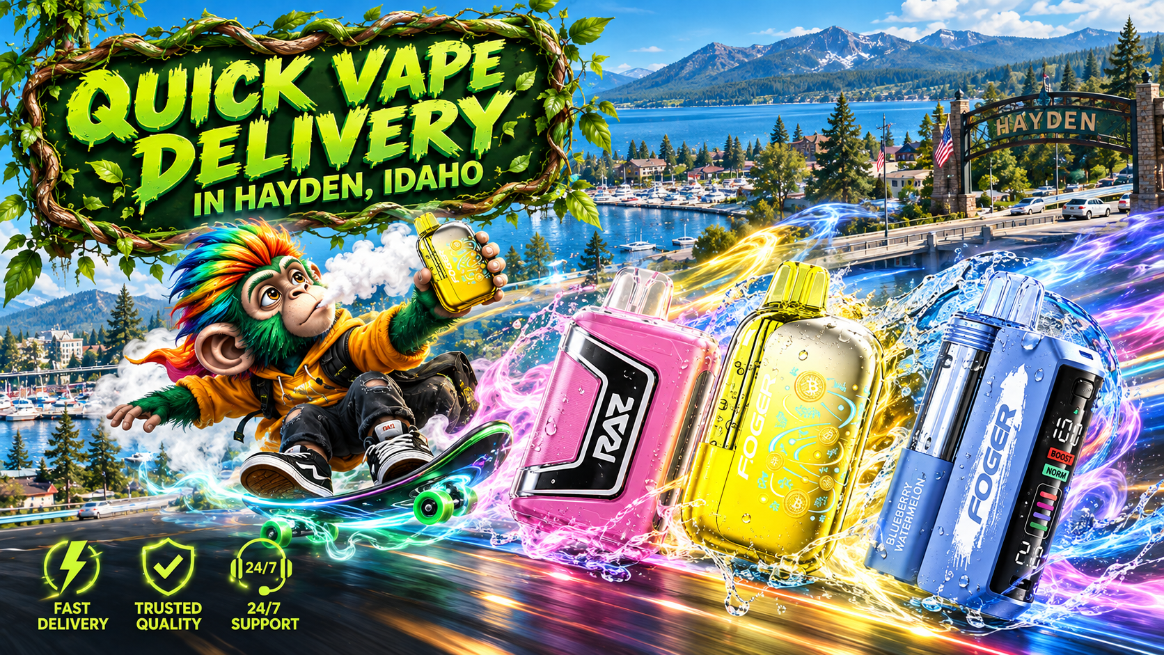 Quick Device Delivery Scene in Hayden, Idaho Colorful devices with water splashes race through a sunny Hayden lakeside scene with mountains and a playful character.