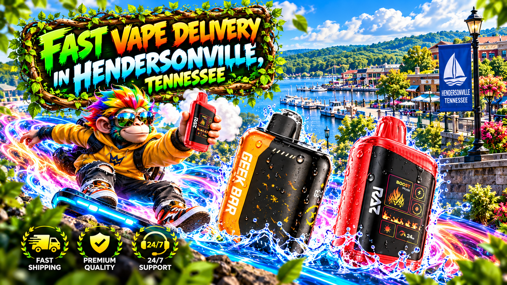 Colorful delivery scene with modern devices, water splashes, energy trails, and a sunny Hendersonville waterfront.
