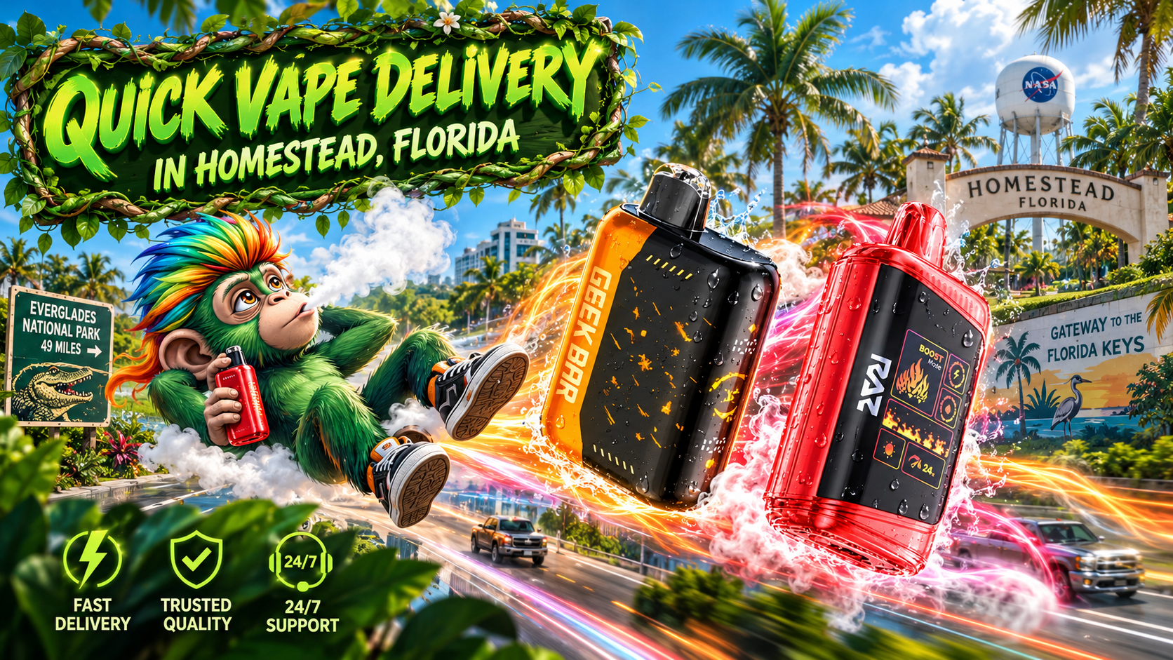 Colorful vape devices speeding through a sunny Homestead scene with tropical scenery and fast delivery icons.