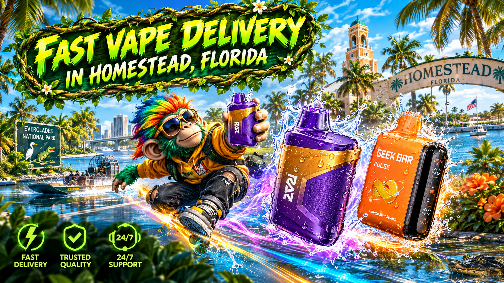 Colorful vape devices with water splashes race through a tropical Homestead scene with local landmarks.
