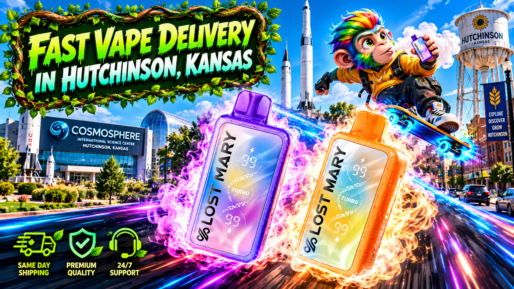 Purple and orange devices glow with energetic trails beside space-inspired landmarks in Hutchinson, Kansas.