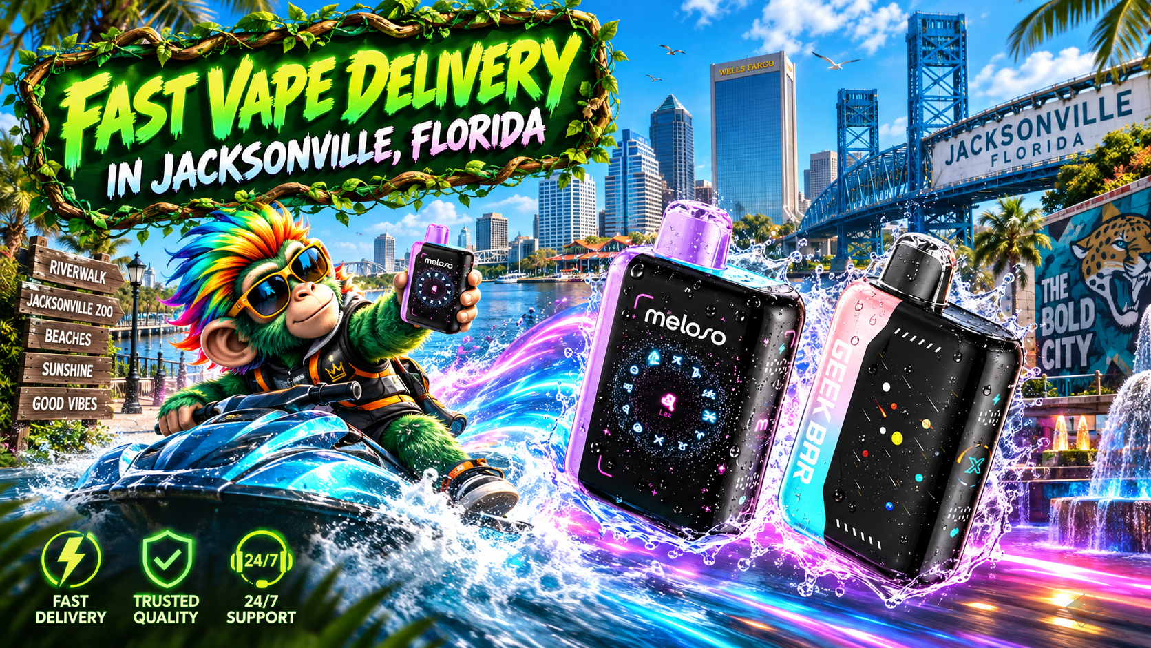 Colorful vape devices splash through a vibrant Jacksonville waterfront scene with skyline and bridge views.
