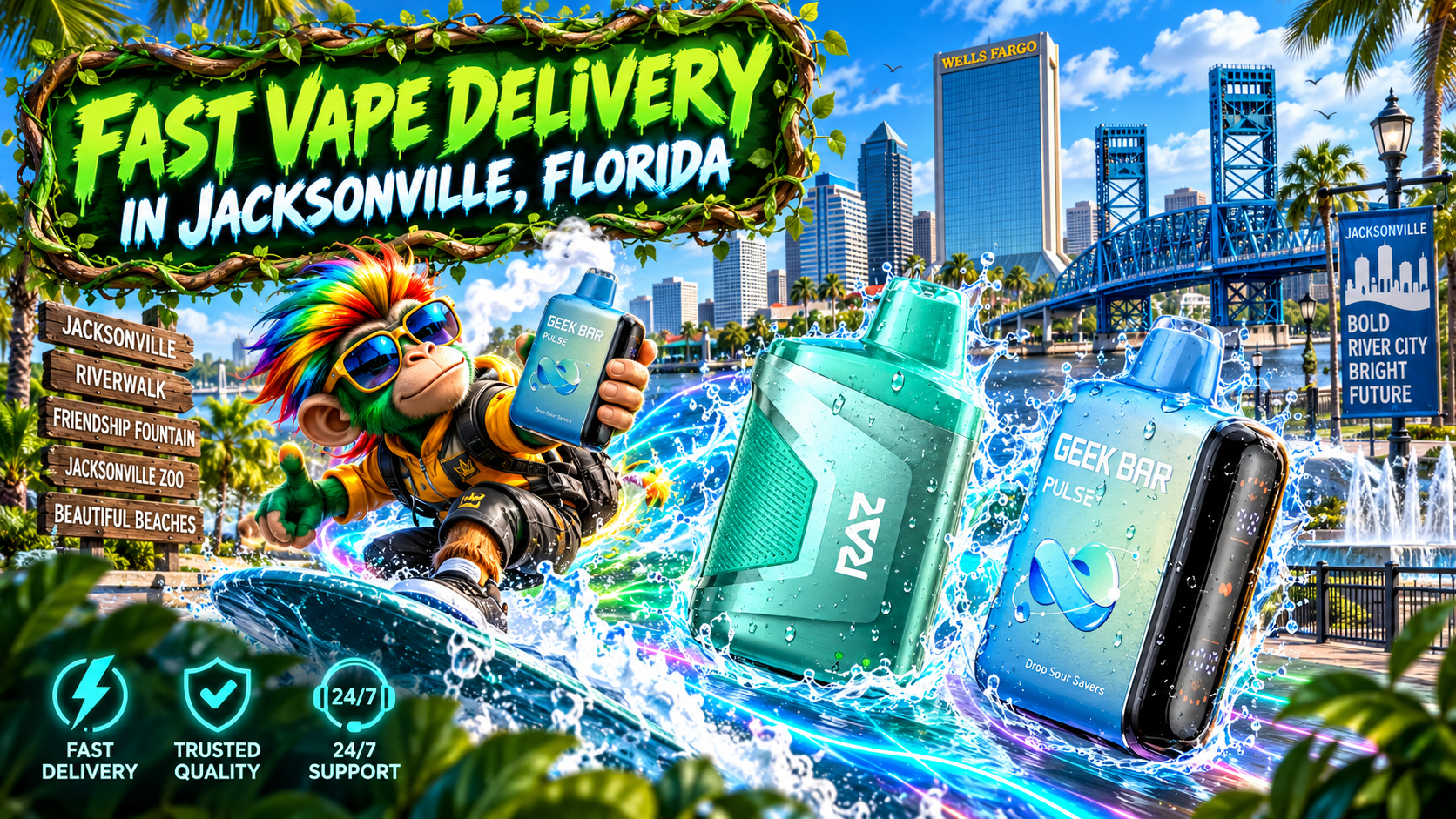 Colorful vape devices surge through water splashes against Jacksonville&rsquo;s sunny skyline and riverfront.