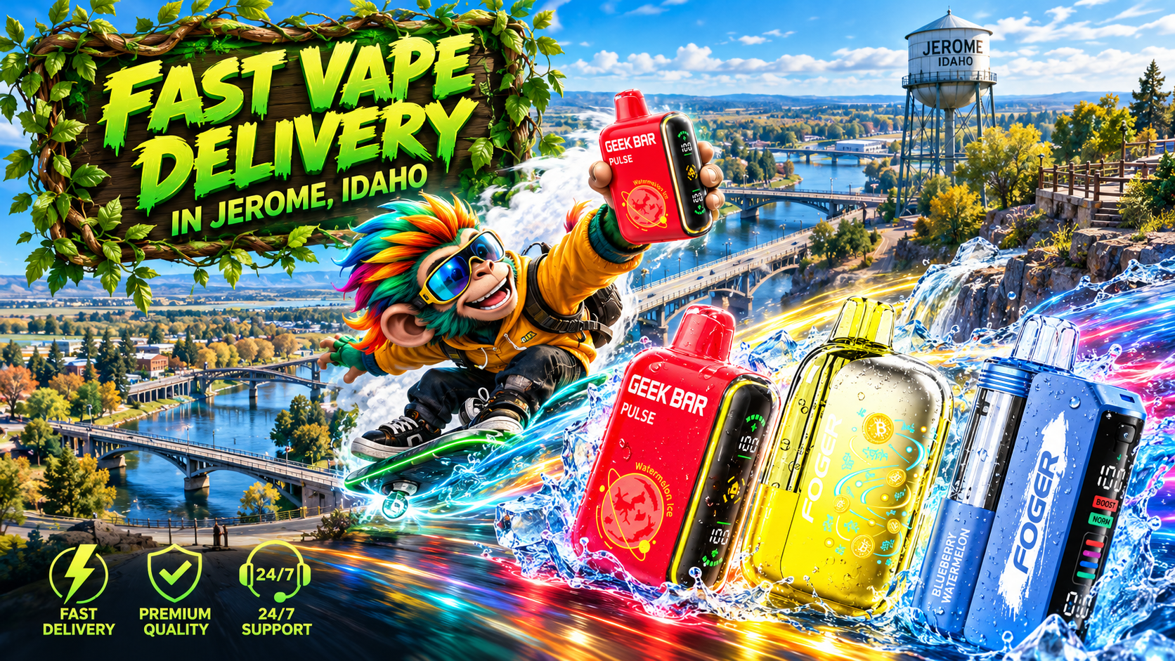 Fast Device Delivery Scene in Jerome, Idaho Colorful devices splash through water effects in a bright Jerome landscape with a playful delivery character.
