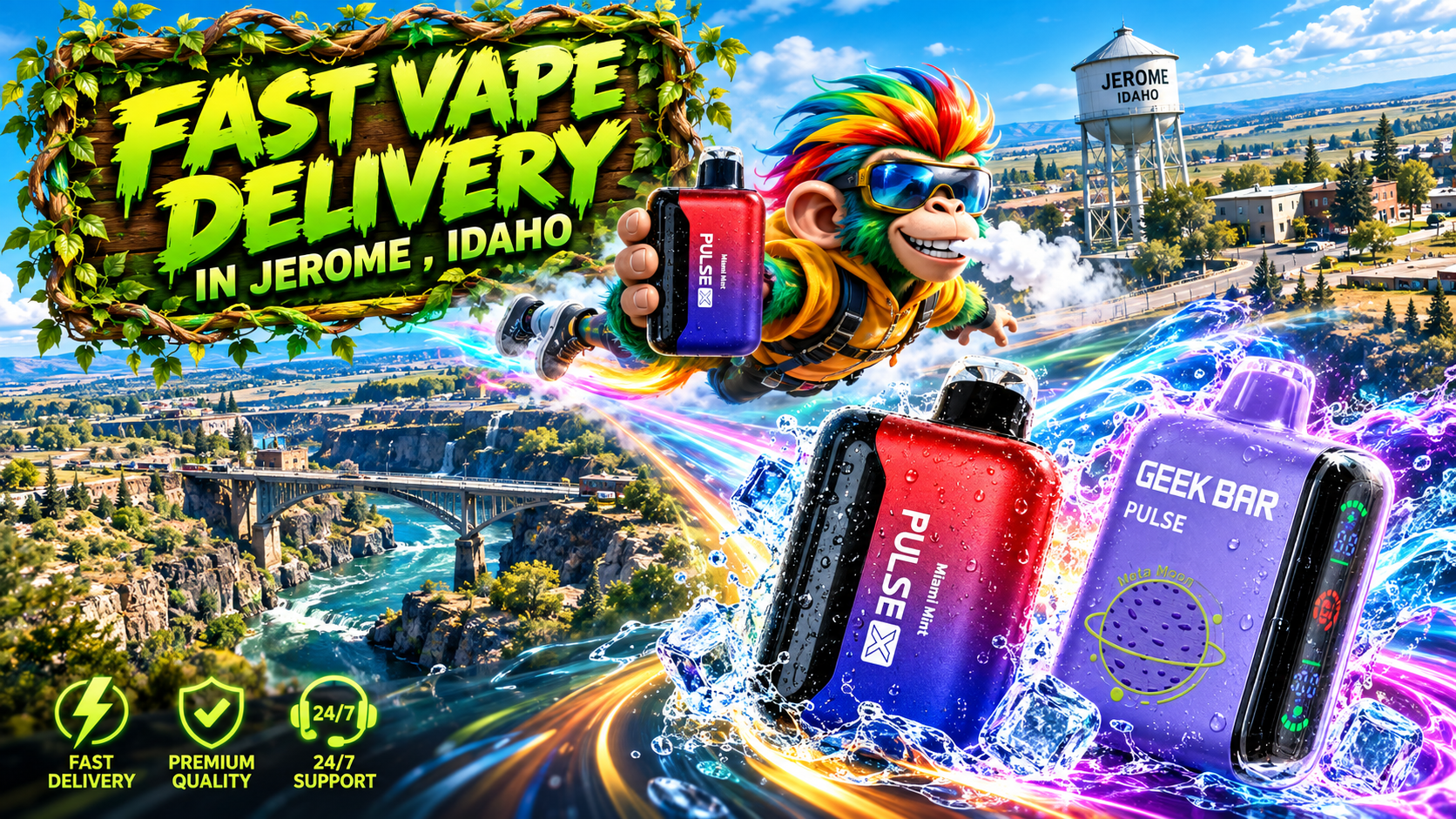 Colorful Device Delivery Adventure in Jerome, Idaho Vibrant devices with water splashes and energy trails soar across a scenic Jerome, Idaho landscape.