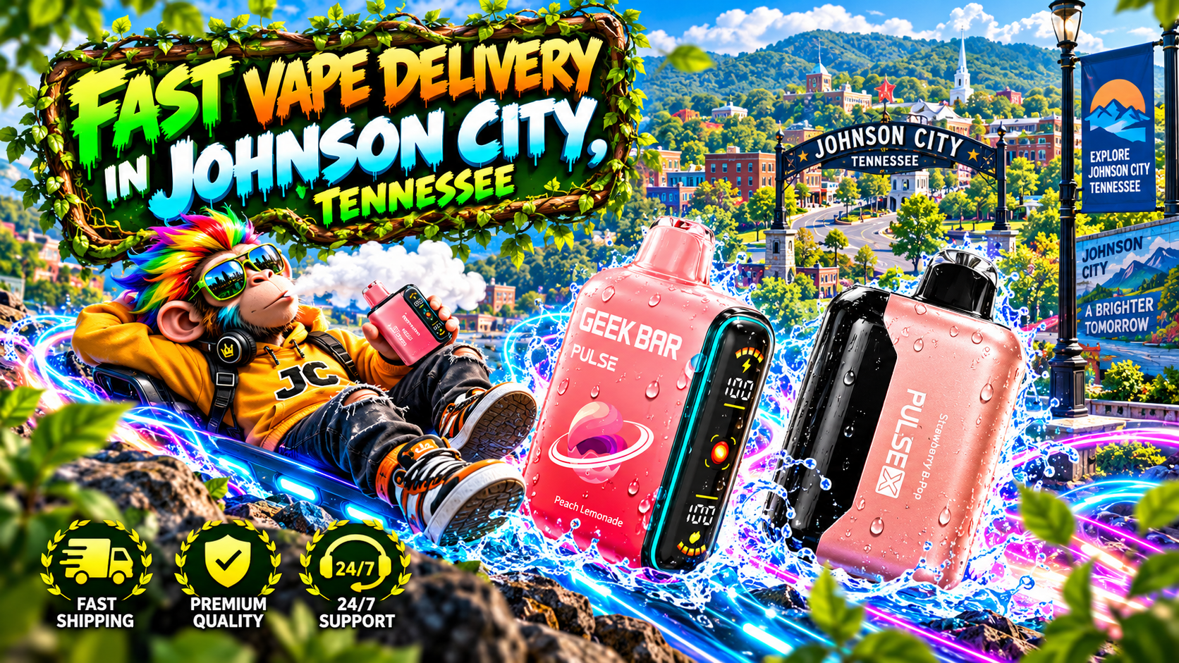 Fast Vape Delivery in Johnson City, Tennessee Vibrant delivery scene with colorful devices, water splashes, energy trails, and a sunny Johnson City backdrop.