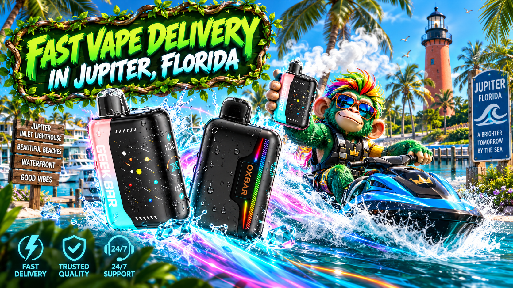 Colorful vape devices splash across a tropical Jupiter waterfront with palm trees and a coastal lighthouse.