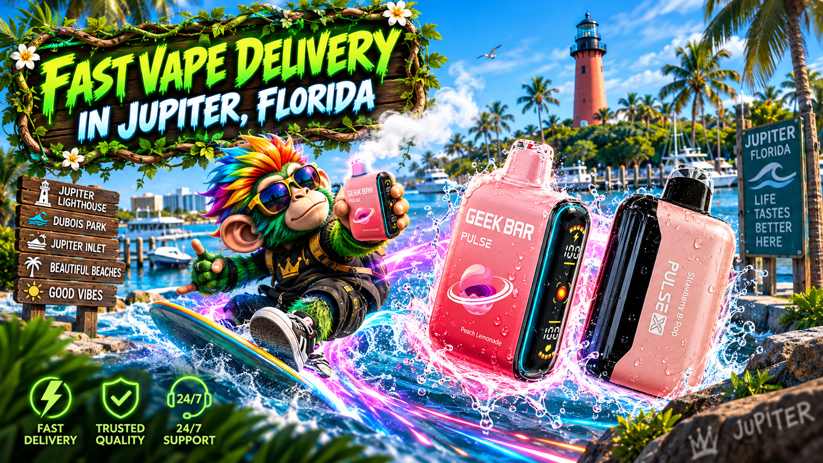 Colorful vape devices race through water splashes along Jupiter&rsquo;s sunny waterfront with a lighthouse backdrop.
