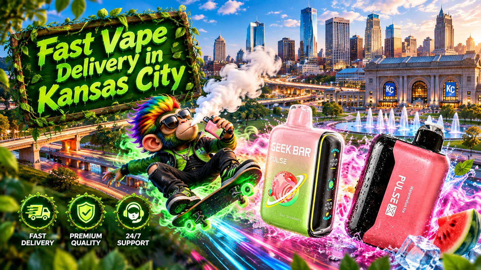 Two sleek devices with vivid water effects and neon trails sweep across a panoramic Kansas City skyline.