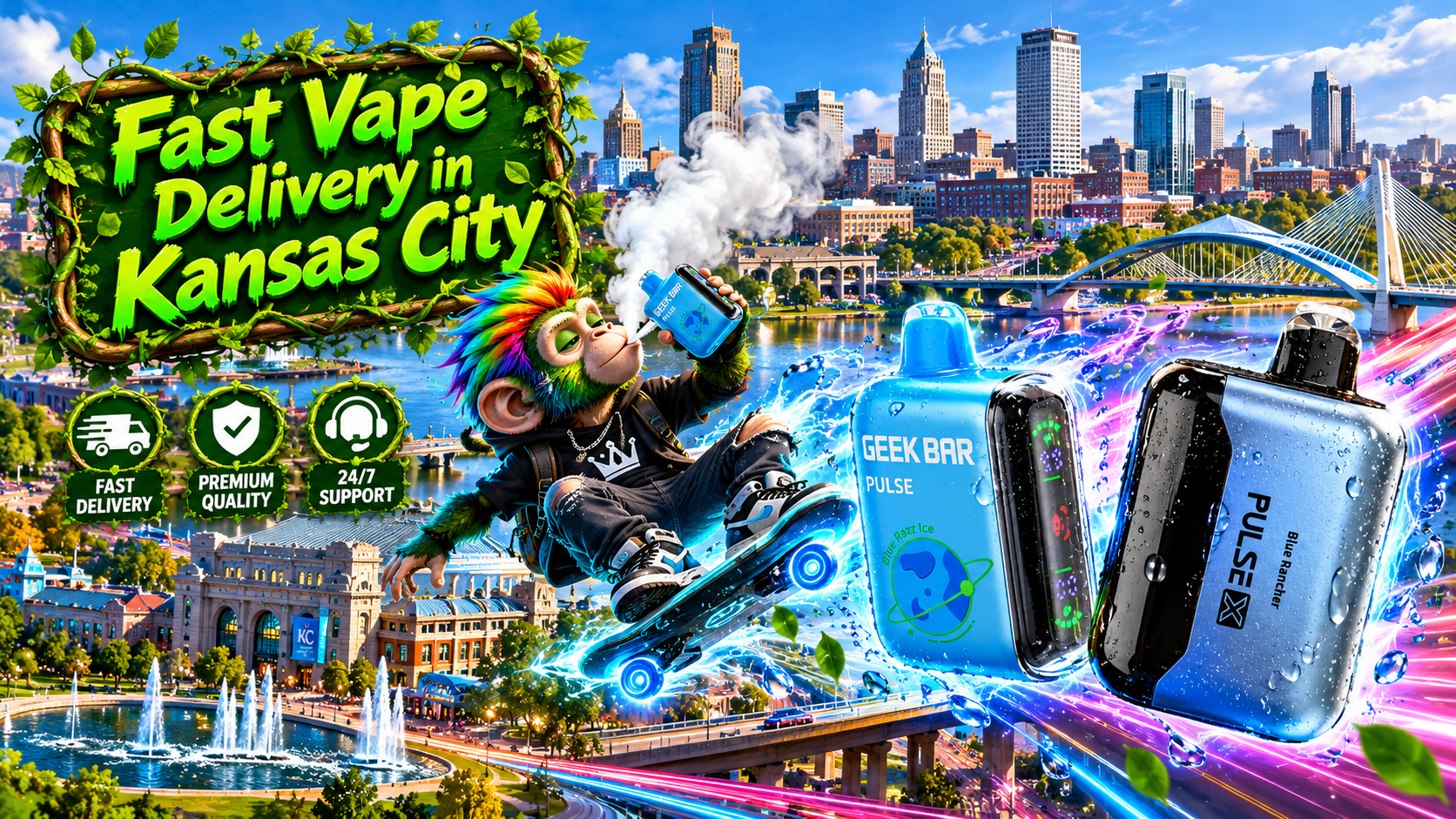 Water-covered devices glide above Kansas City with bright energy trails, fountains, and a vivid downtown skyline.