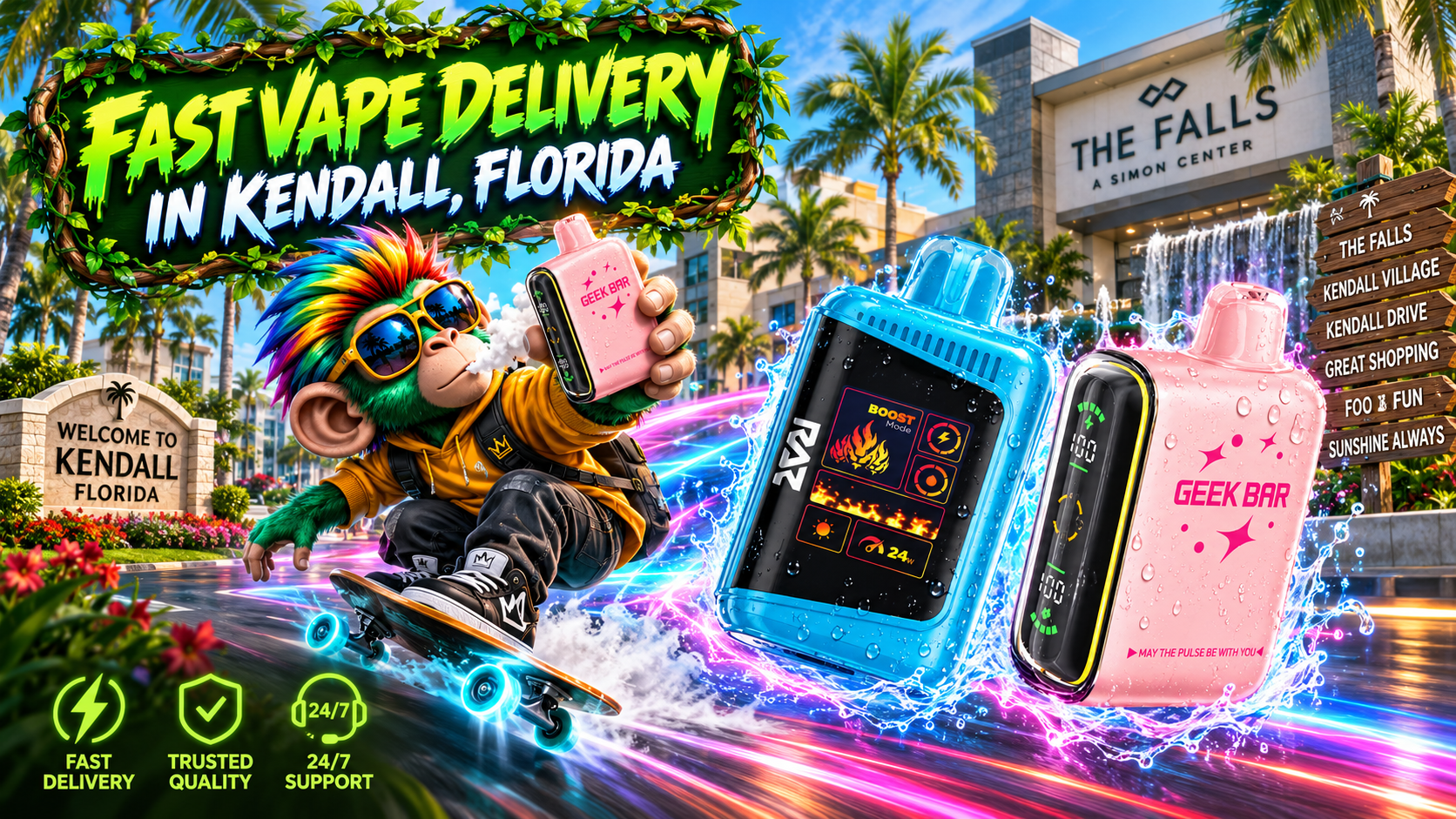 Fast Vape Delivery in Kendall, Florida Colorful vape devices race through water splashes in a sunny Kendall scene with palms and urban landmarks.