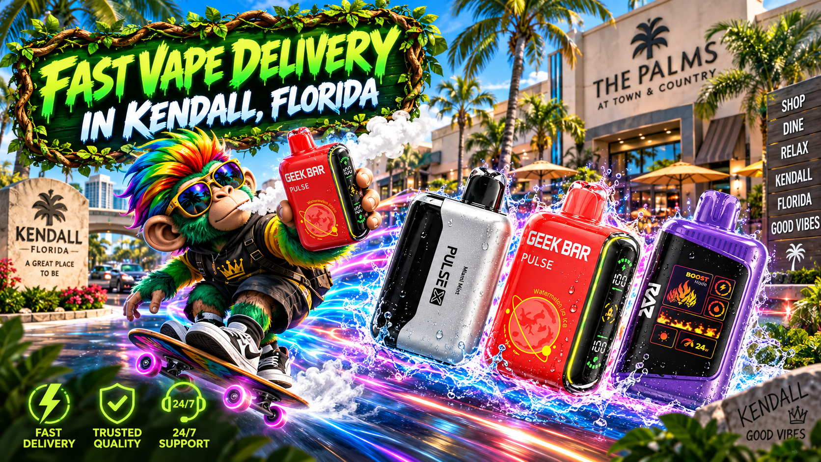 Fast Vape Delivery in Kendall, Florida Colorful vape devices race through water splashes in a lively Kendall setting with palm trees and shopping scenery.