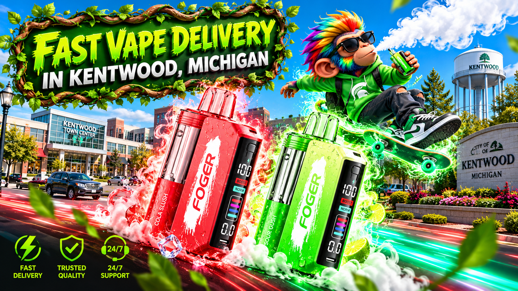 Red and green devices race through sunny Kentwood with water splashes, vivid light trails, and city landmarks.