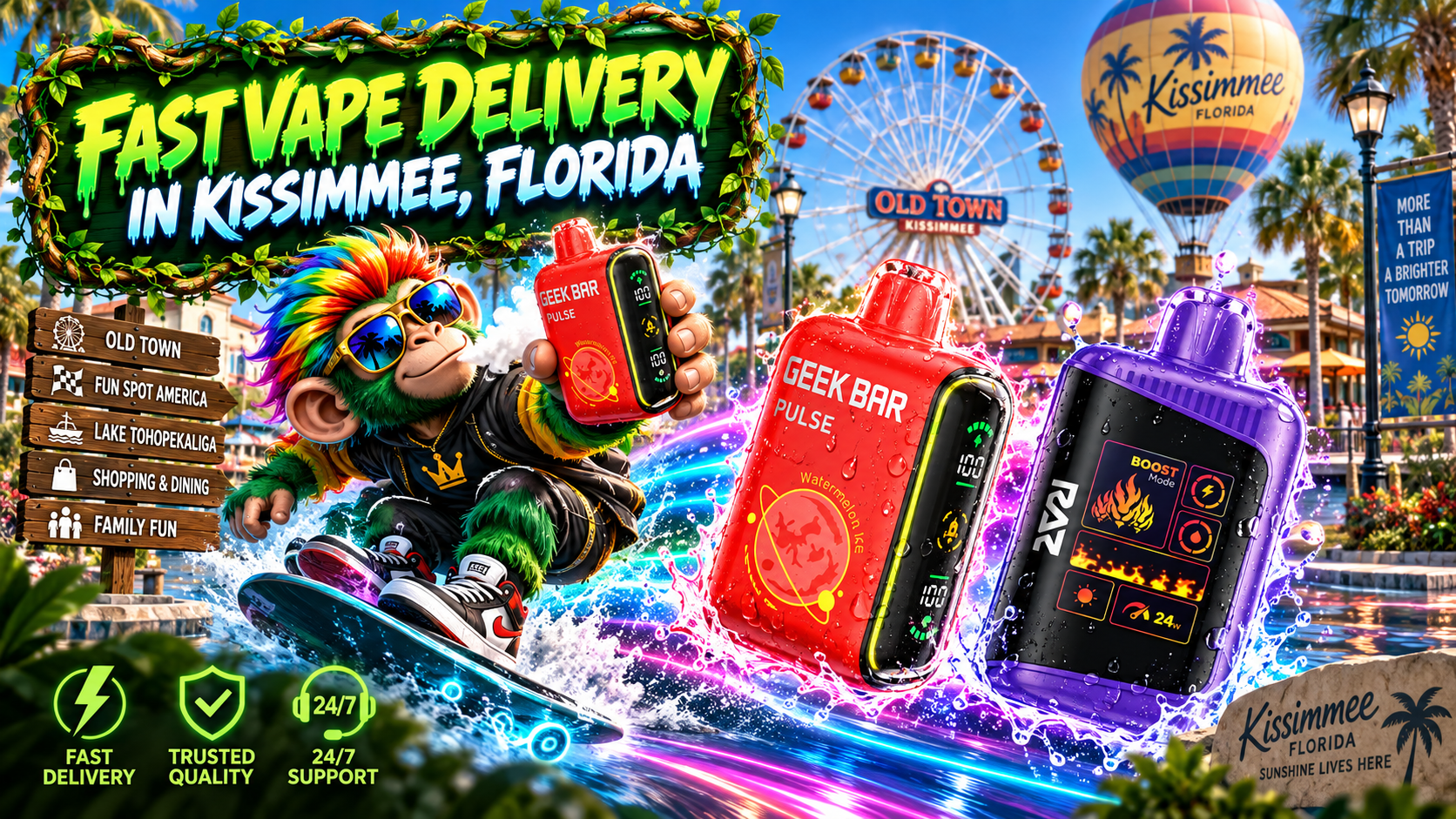 Colorful vape devices race through water splashes in sunny Kissimmee with a Ferris wheel and tropical scenery.