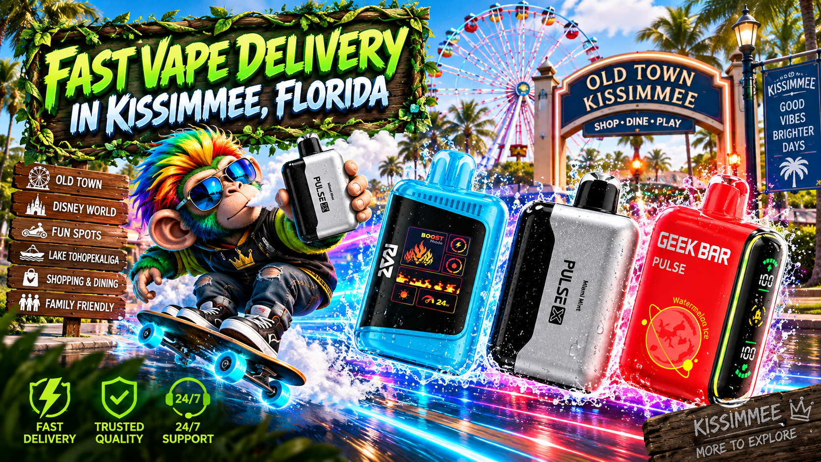 Colorful vape devices race through water splashes near Kissimmee attractions, palm trees and a Ferris wheel.