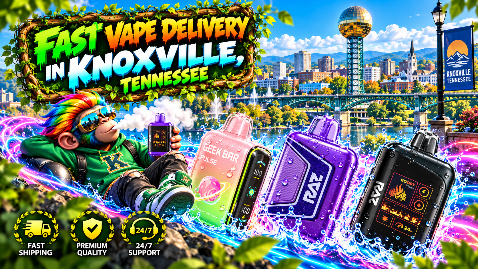 Energetic delivery scene with colorful devices, water splashes, glowing trails, and a bright Knoxville skyline.