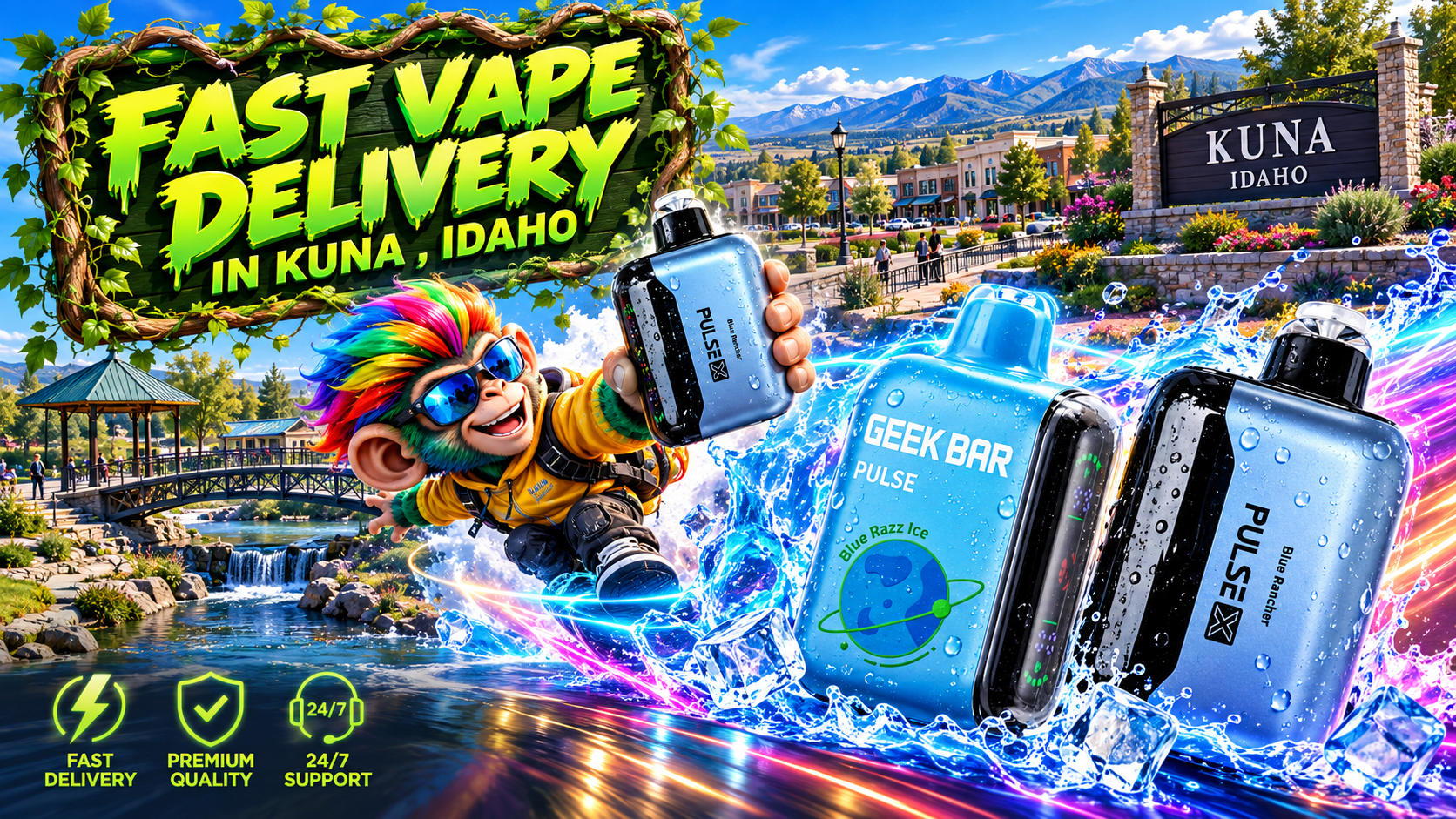 Fast Device Delivery Across Scenic Kuna, Idaho Sleek devices with water splashes and vivid energy trails race through a sunny Kuna, Idaho park scene.