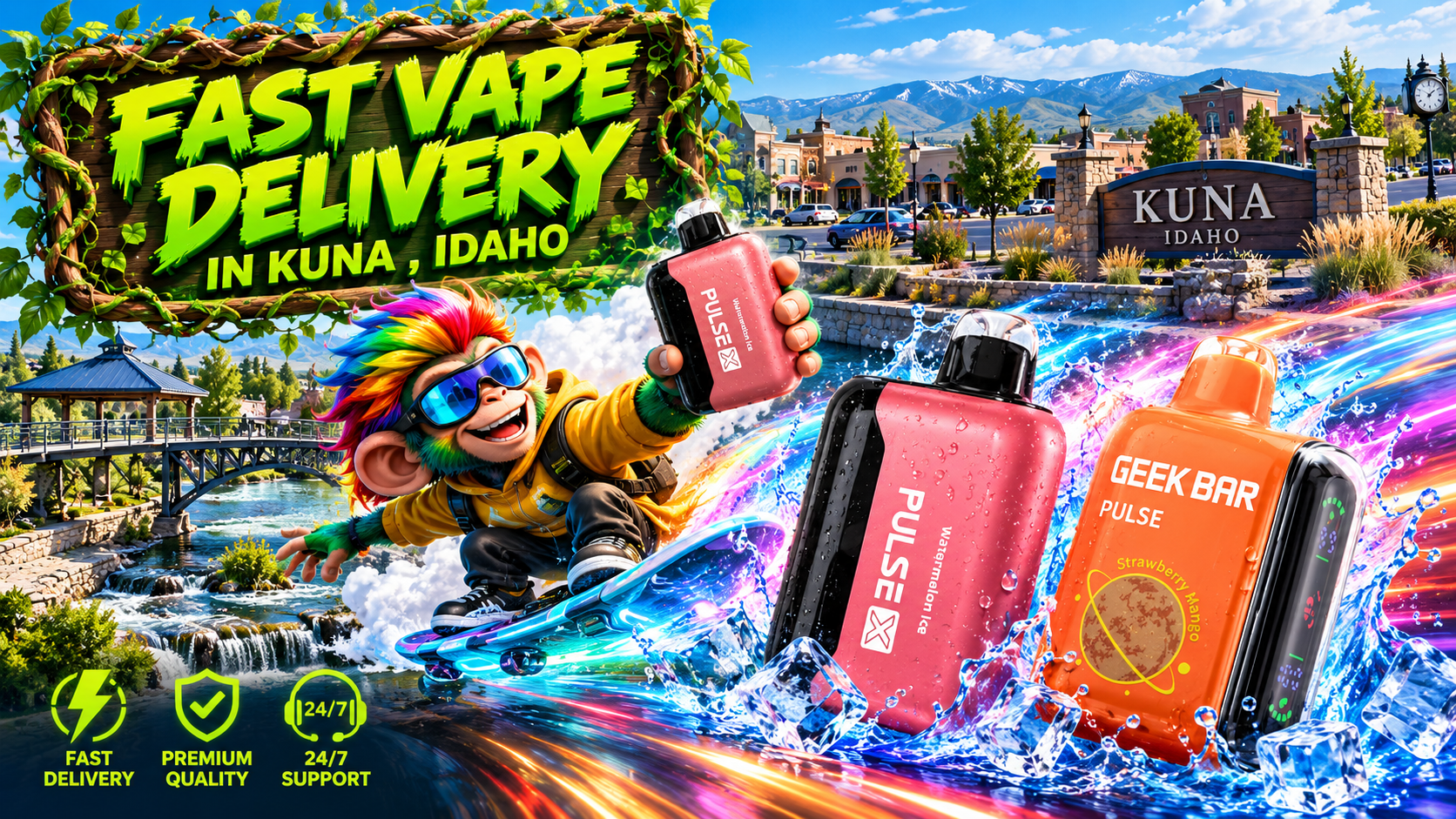 Vibrant Device Delivery Scene in Kuna, Idaho Bright devices surrounded by water splashes and colorful light trails in a lively Kuna, Idaho setting.