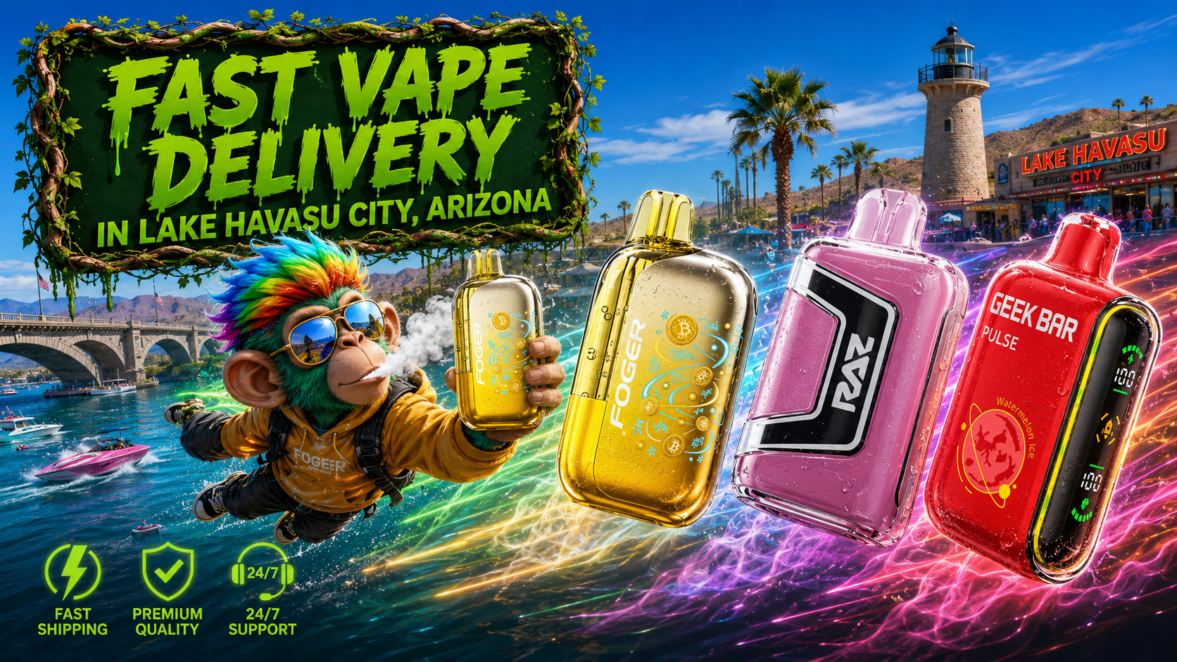 Fast Disposable Vape Delivery in Lake Havasu City, Arizona Disposable vape devices with a fast delivery theme beside the waterfront in Lake Havasu City, Arizona.