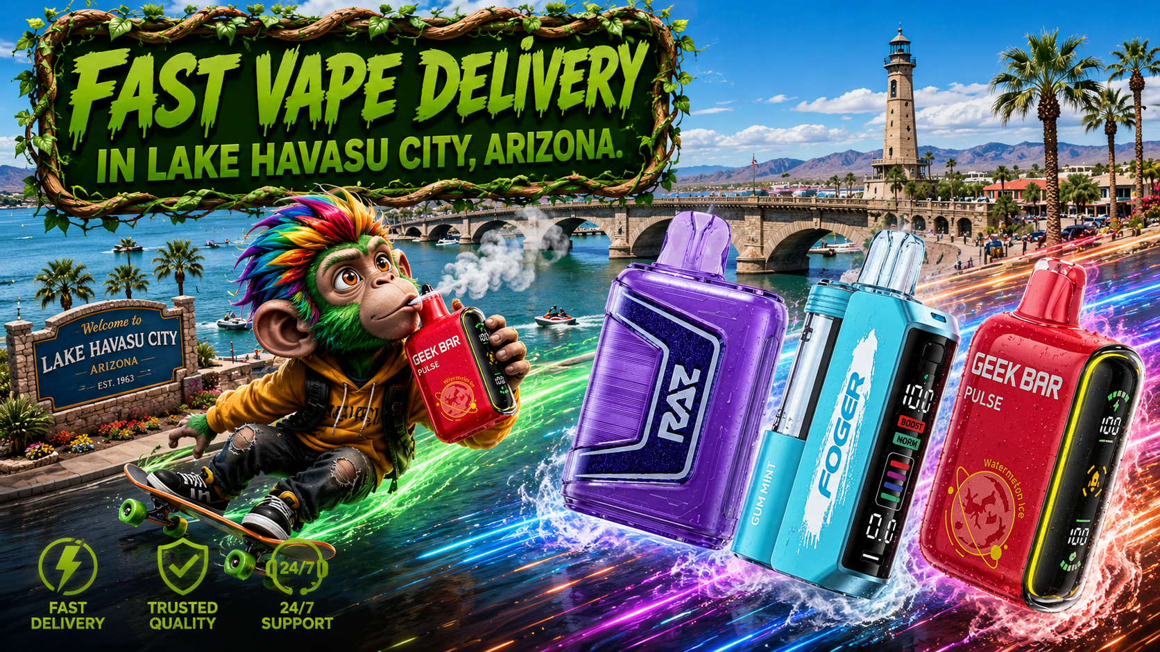 Fast Disposable Vape Delivery in Lake Havasu City, Arizona Disposable vape devices with a fast delivery theme by the waterfront in Lake Havasu City, Arizona.