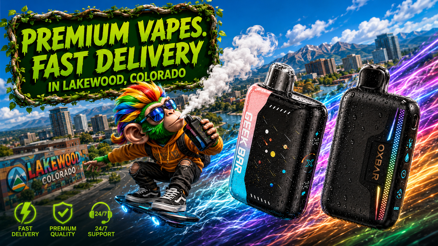 Black vape devices with water droplets and glowing accents against a vivid Lakewood city and mountain backdrop.