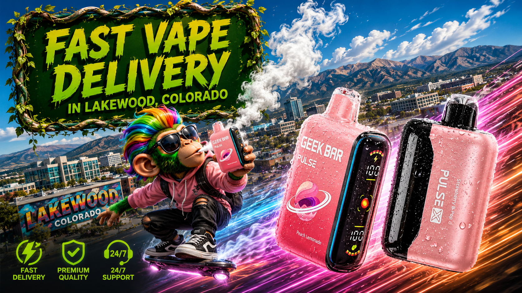 Pink vape devices with water droplets and vivid light streaks sweeping across a sunny Lakewood mountain cityscape.
