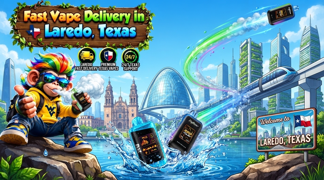 Fast Vape Delivery in Laredo, Texas With Futuristic City View Sleek vape devices splash through water with glowing trails against a bright futuristic Laredo cityscape.