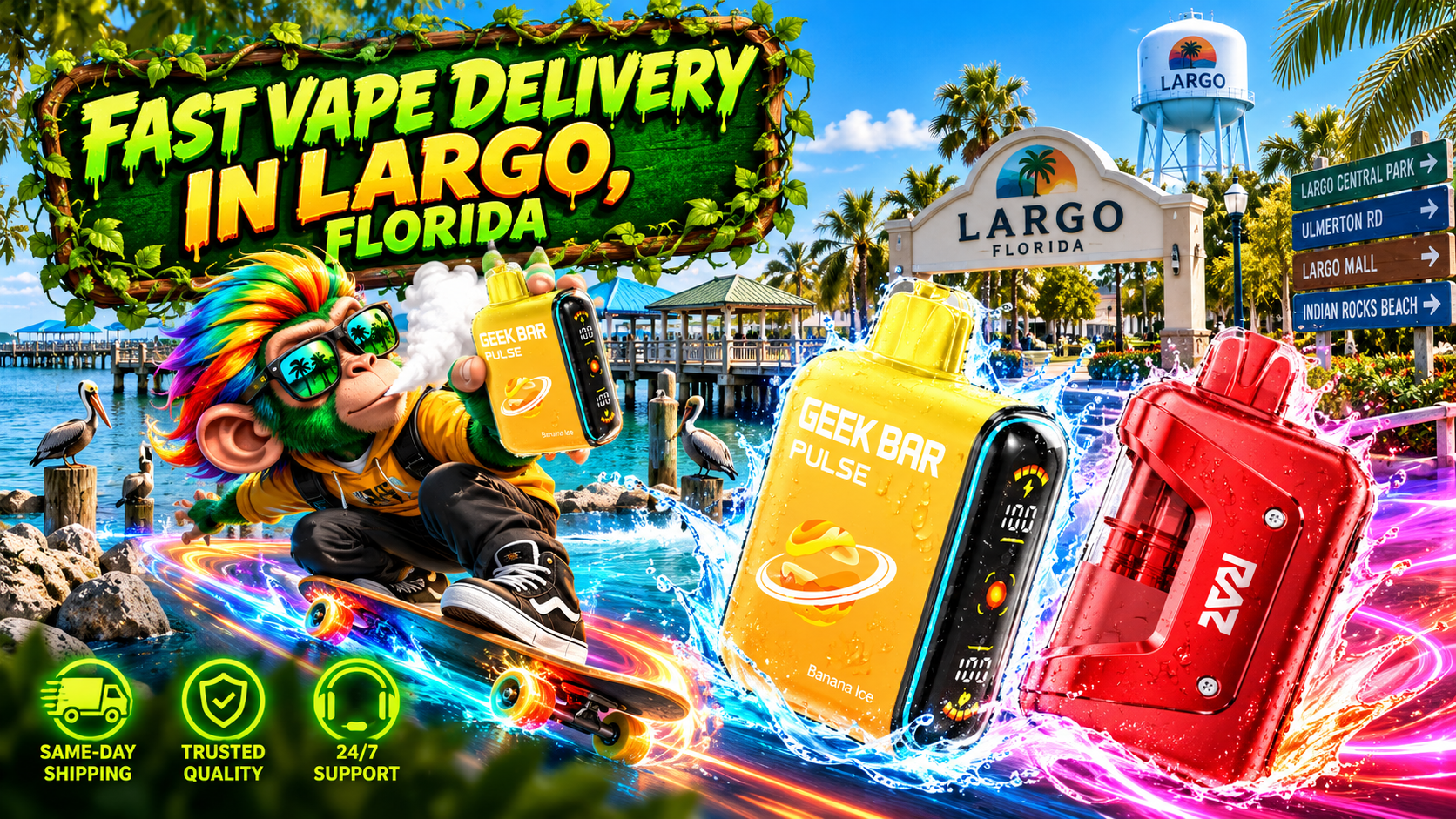 Fast Device Delivery in Largo, Florida Bright water-splashed devices race through a sunny Largo waterfront scene with colorful energy trails.