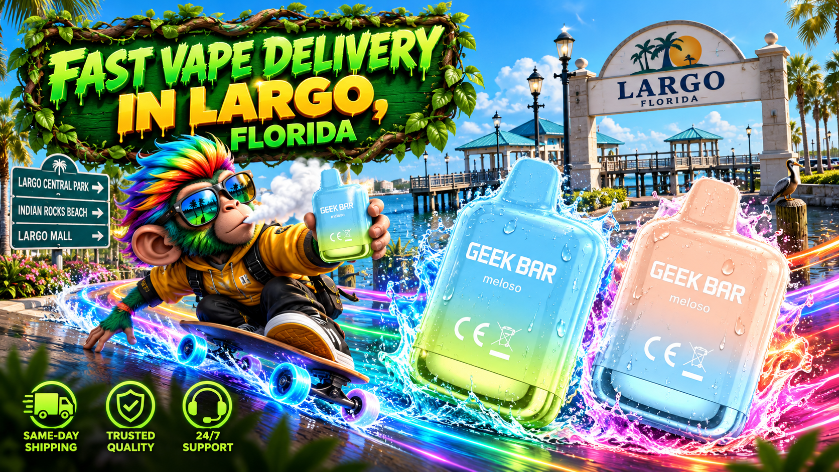 Vibrant Device Delivery in Largo, Florida Pastel devices with water splashes and colorful energy trails race along a sunny Largo waterfront.