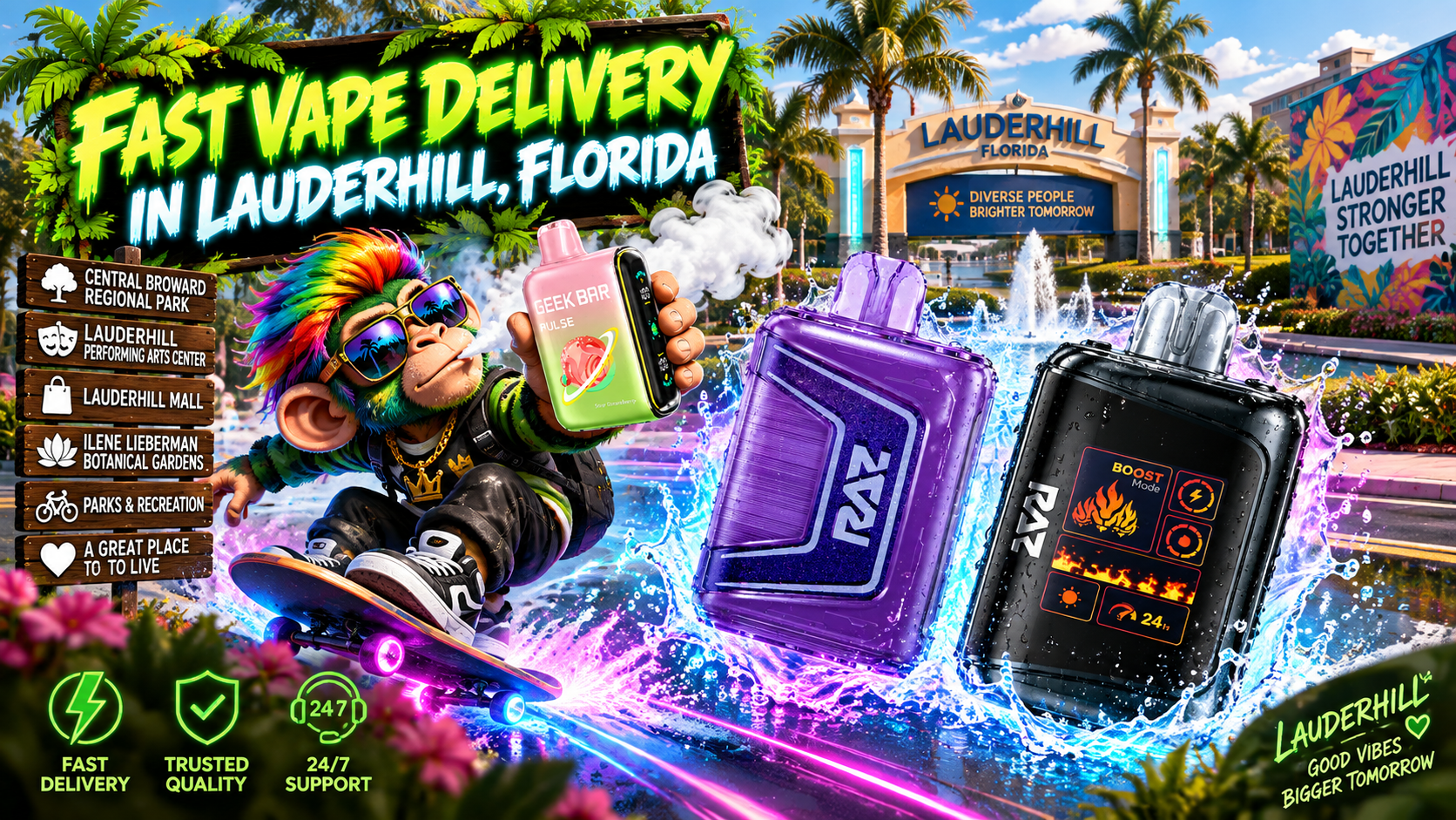 Colorful vape devices race through water splashes in sunny Lauderhill with palms, fountains and city scenery.