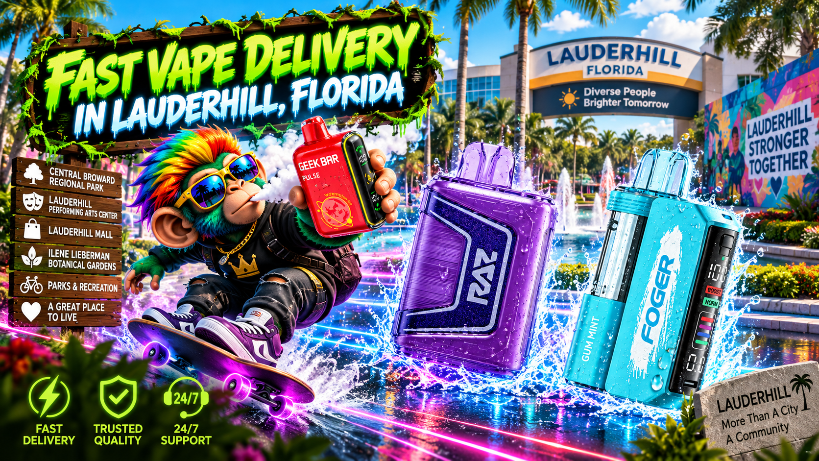 Colorful vape devices splash through a vibrant Lauderhill scene with palm trees, fountains and city landmarks.