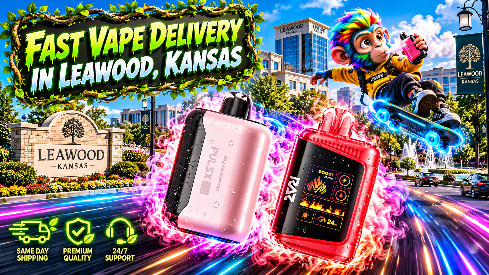 Sleek colorful devices with water droplets and glowing motion trails sweep through a sunny Leawood, Kansas scene.