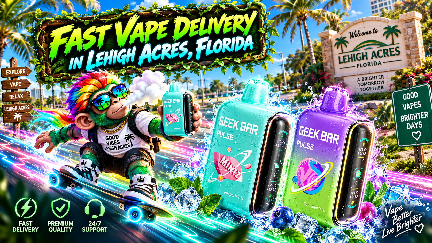 Colorful vape devices with water, ice and mint in a vibrant tropical Lehigh Acres delivery scene.