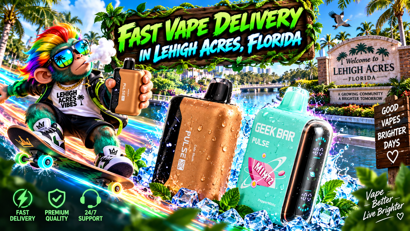 Colorful vape devices with water droplets, ice and mint in a vibrant tropical Lehigh Acres scene.