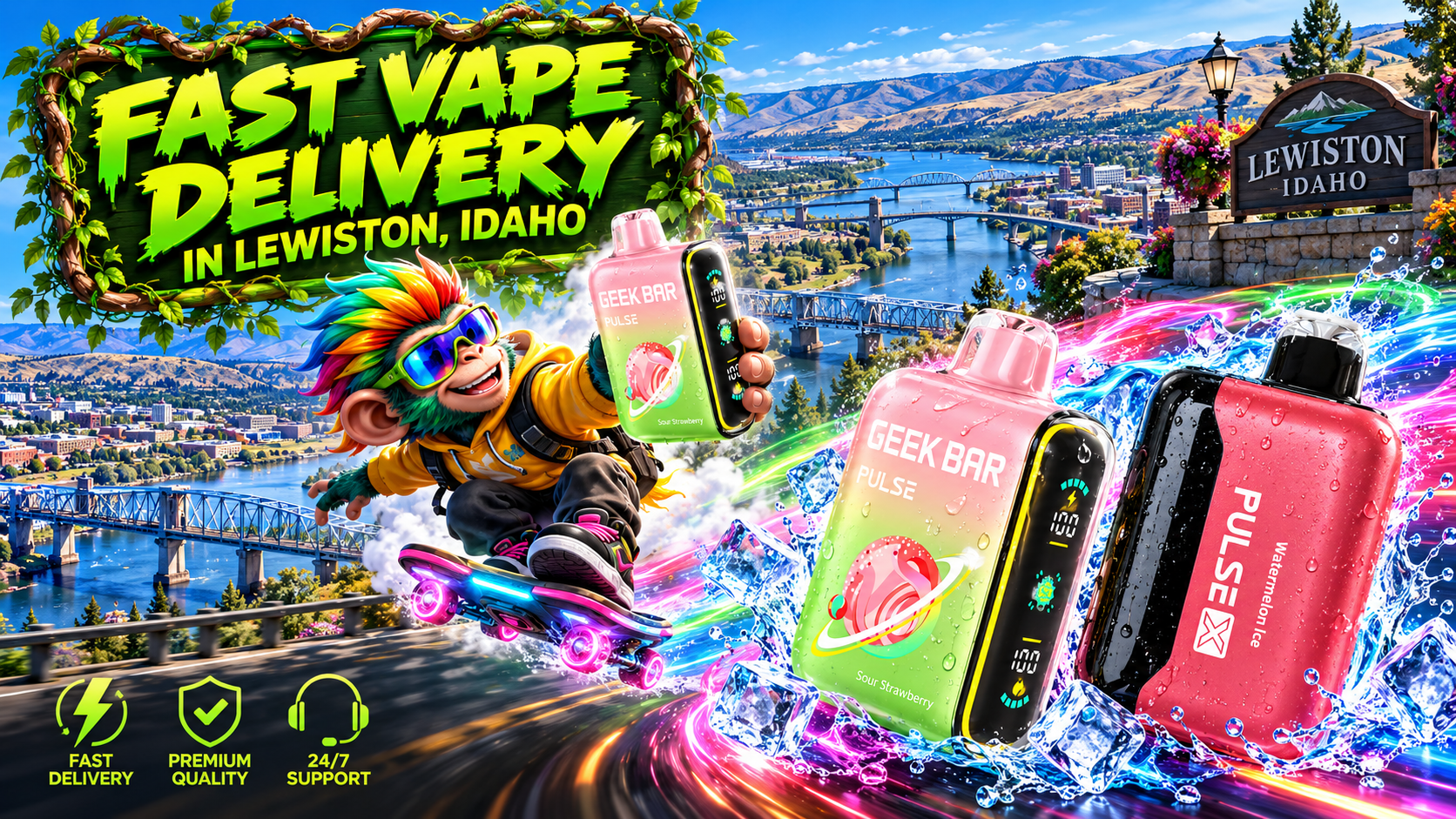 Colorful devices with water splashes and glowing trails race across a scenic riverside view of Lewiston, Idaho.