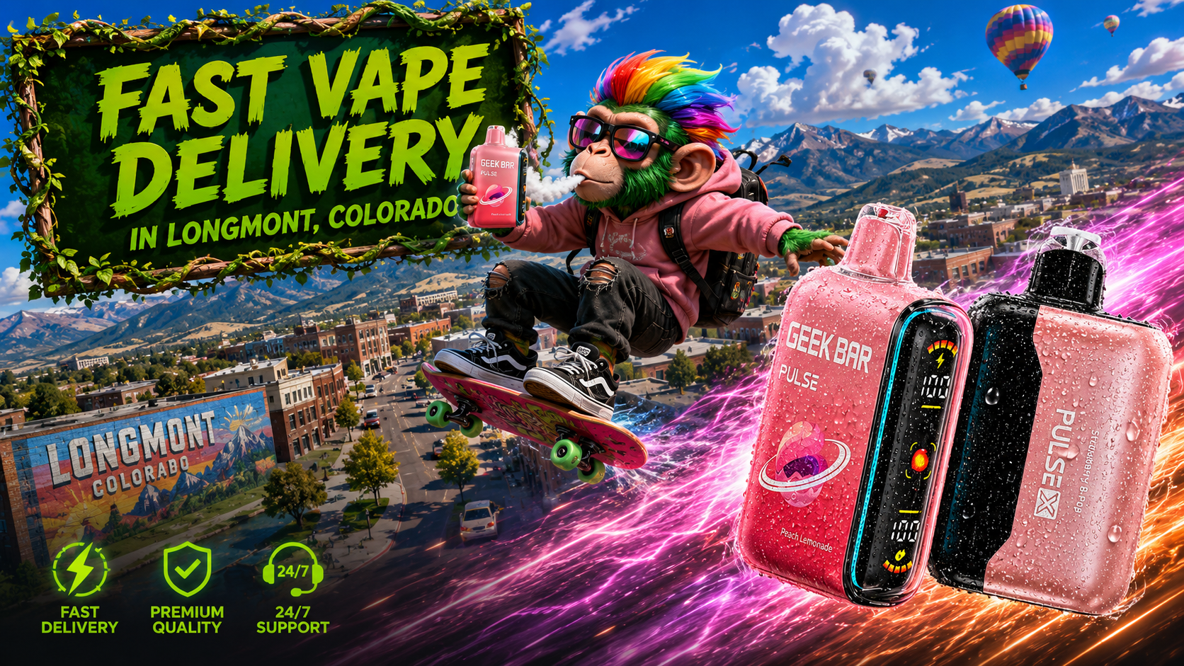 Pink Vape Devices with Dynamic Light Trails Over Longmont, Colorado Pink vape devices with water droplets and vivid magenta trails soaring above a sunny Longmont city and mountain view.