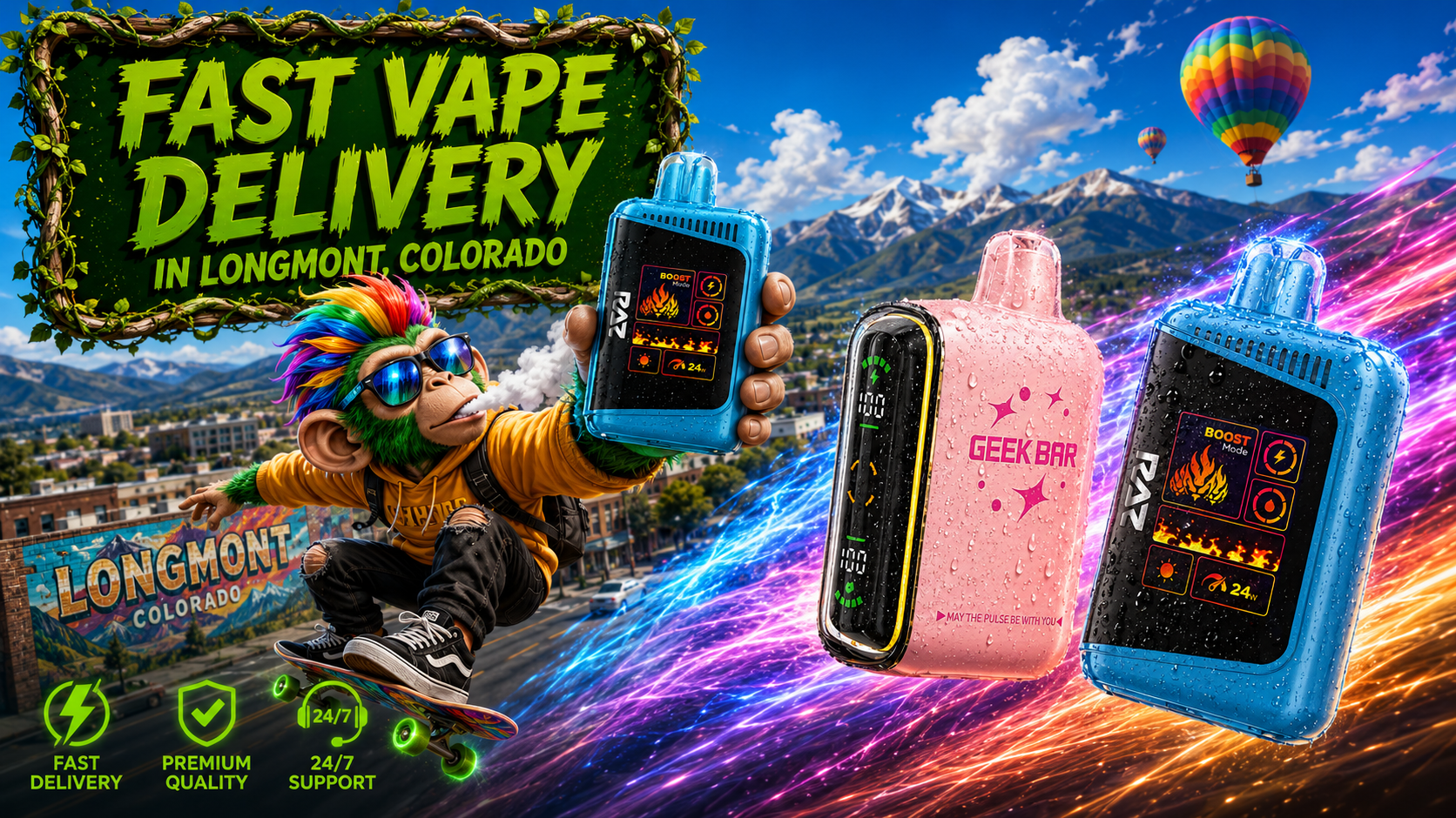 Vibrant Vape Devices Over Longmont with Mountain Views Blue and pink vape devices with water droplets and colorful energy trails against a bright Longmont mountain backdrop.